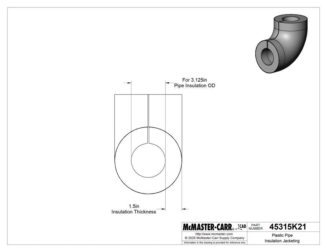 Technical Drawing of PVC Pipe Insulation Jacketing, 90 Degree Elbow, for 3-1/8" Insulation OD.